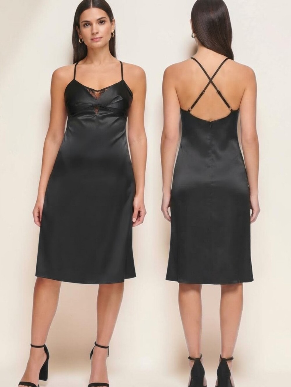 GUESS Black Satin Lace Trim Cross Back Midi Slip Dress - Size 4